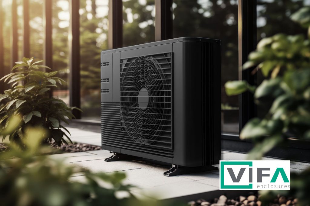 Zwarte warmtepomp met kast